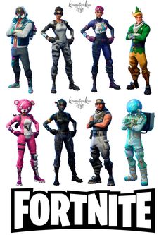 some cartoon characters are standing together in different poses, with the words fortnite above them