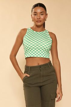 *Exclusive In-House Design*-Checkered print-Cropped-Rib knitMade In: China Coachella Vibes, Edgy Fashion Chic, Casual Edgy, Velvet Flare Pants, Velvet Flares, Vibe Check, Rib Knit Fabric, Curvy Swimwear, Edgy Chic