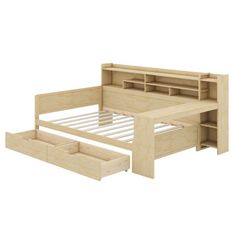 a bed frame with drawers underneath it and an open book shelf on the bottom side