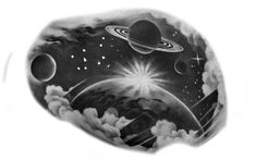 a black and white image of planets in the sky with clouds, sun and stars