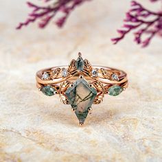 Leaf-Inspired Kite Cut Moss Agate Engagement Ring Set – A Unique, Natural and Handcrafted 14k Gold Treasure, Ideal Gift for Her Luxury Agate Wedding Jewelry, Nature-inspired Moss Agate Wedding Jewelry, Unique Engagement Ring Settings, Agate Engagement Ring, Full Eternity Ring, 18k Gold Ring, Green Gems, White Gold Engagement Rings, Small Rings