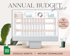 the easy bookkeeping spreadsheet is displayed on a computer screen, next to a potted plant