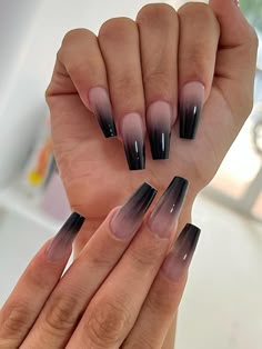 Black And White Ombre Nails Coffin, Nail Ideas Matte Black, Ombre Pink And Black Nails, Acrylic Nails With Black Design, Black Ombre Nails Square, Pink To Black Ombre Nails, Pink And Black Ombre Acrylic Nails, Acrylic Nails Black Designs, Ombré Black Nails