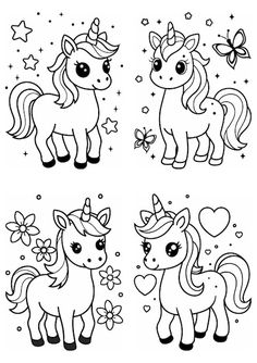 four different unicorns with hearts and flowers