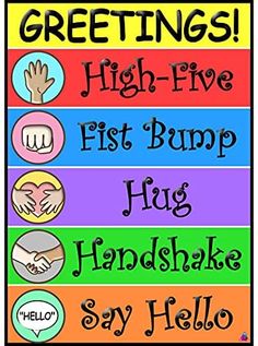 a poster with the words greetings high five fist bump hug handshak say hello