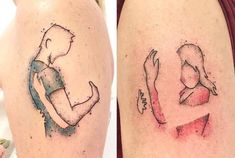 two tattoos on the legs of people with different types of body shapes and colors are shown