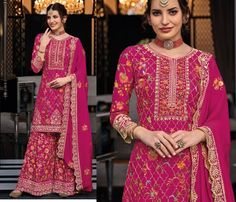 Heavy Embroidery Salwar Suit,Indian Pakistani Salwar Kameez Dress, Salwar Suit,Heavy Georgette Pakistani dress,Eid Style Suit , Deepawali Special Suit Set in Georgette Pink color with beautiful Sleeves Work  Fabric Description : Top - Chinon with emboidery work Duppta- Chinon with emboidery work Plazo - chinon with embroidery ( front & back work plazo) Pattern top- semi stich Palazo stich free size Work Details : Embroidery Work Type : Party Wear Collection, Long Gown Style Dress, Wedding Outfit Pakistani Dresses Eid, Gown Style Dress, Indian Wedding Party, Lehenga Choli Latest, Dupatta Dress, Pakistani Lehenga, Suit Indian, Beautiful Sleeves, Designer Salwar Kameez