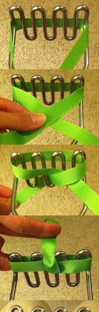 four pictures showing different types of scissors and clips attached to each other with green ribbons