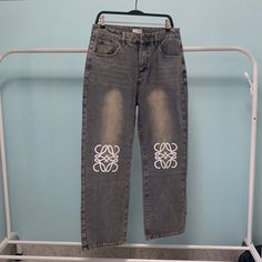 Material: Cotton Color: Blue Size: Waist 34 White Logo Print On Knees Never Worn, With Tags Loewe Jeans, Loewe Anagram, On Knees, Mens Straight Jeans, Logo Print, Mens Jeans, Color Blue, Blue Color, Man Shop