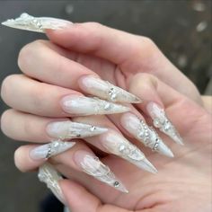 Long White Nails, Sharp Nails, Fantasy Nails, Goth Nails, Pointed Nails, Nails Only, Nail Tattoo, Gem Nails