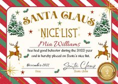 a santa claus nice list certificate with a christmas tree and reindeers on red and green stripes