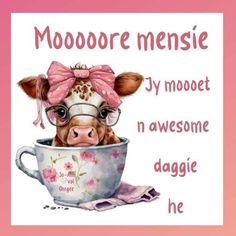 a cow wearing glasses and a pink bow in a cup with the words moooore memesie on it