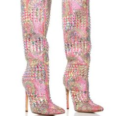 Wherever You Go, The Party Is Sure To Follow When You Style The Azalea Wang " Pretty Dreams " Brocade Rhinestone Boot In Pink! This Standout Floral Embroidered Brocade Boot Features A Below The Knee Shaft Height, A Pointed Toe Silhouette, A Slim Stiletto Heel, Faux Gold Metallic Accents, And An Easy Pull-On Fit. Complete With A Sparkling Sea Of Iridescent Rhinestone Embellished Body Detailing In Assorted Sizes, Providing Instant Glamor And Dimensionality. - Brocade Textile Upper - Pointed Toe - Pink Boots Outfit, Chloe 2024, Hot Pink High Heels, Pink Stilettos, Cute Shoes Heels, Azalea Wang, Rhinestone Shoes, Pink Boots, Chic Shoes