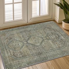 a large area rug on the floor in front of a window with shutters and potted plant