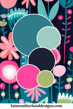 an abstract painting with flowers and plants in the background text overlay reads, janentherlanddesigns com