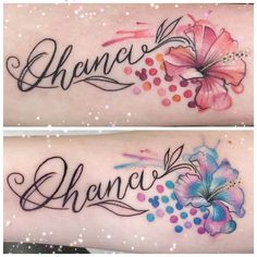 two tattoos with flowers and words on their arms, one has the word chance written in cursive writing