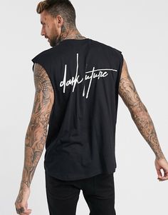 ASOS Dark Future tank in Black with back print logo | ASOS Casual Sleeveless T-shirt With Logo Print, Black Muscle Tee For Summer Workouts, Black Crew Neck Tank Top With Letter Print, Black Cotton Vest With Letter Print, Black Fitted Sleeveless Muscle Tee, Sleeveless Vest With Graphic Print For Streetwear, Black Tank T-shirt For Gym, Cotton Gym Tops With Back Print, Black Sleeveless Top With Letter Print