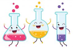 three test tubes with different colored liquids and smiling faces, one holding up his arms