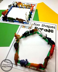 the zoo shapes are made out of paper and placed on top of an activity sheet