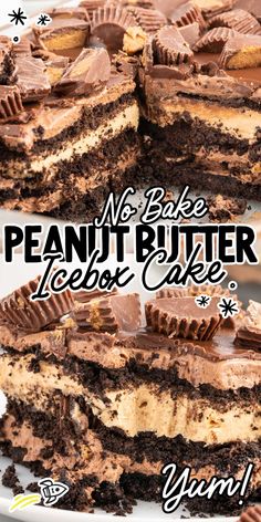 there is a piece of peanut butter icebox cake with chocolate frosting on it