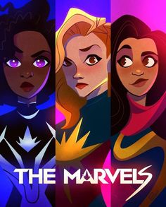 three cartoon characters with the title'the marvels'in front of purple and blue background