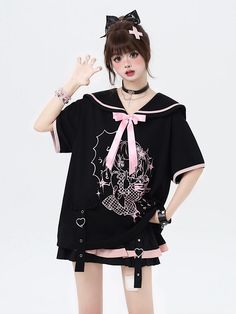 Elevate your Kawaii wardrobe with our black sweet sailor collar T-shirt. This adorable and versatile piece features a charming sailor collar that adds a touch of Kawaii charm to your outfit. The detachable bow tie adds a playful and customizable element to the t-shirt, allowing you to create different looks with ease.  Please note that this product includes only the T-shirt.  Garment Size   	 		 			Size 			S 			M 		 		 			Full Length 			70 			72 		 		 			Bust 			116 			120 		 		 			Shoulders Cute Black Anime Print Tops, Cute Black Tops For School, Kawaii Wardrobe, Black Techwear, Knitted Leg Warmers, Steampunk Fashion Male, Gothic Skirts, Collar T Shirt, Ruffle Mini Skirt