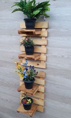 three potted plants sitting on top of wooden shelves next to a wall mounted planter