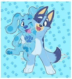 two cartoon dogs are hugging each other in front of paw prints on a blue background