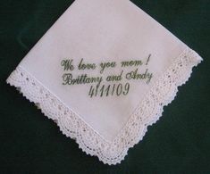 These handkerchiefs make wonderful personalized gifts for moms and grandmothers. A loving way to take care of the tears that shall certainly fall on your wedding day. They are also a nice memento of first communions. Beautiful with a monogram. Let us know what name and date you would like!Colors of stitching is up to you. Made of washable cotton.You may use a short phrase such as: Beth and DanOctober 13, 2009You can do a monogram or a name.  Whatever you chooseIncludes a hanky box for a beautifu Bridal Handkerchief, Personalized Handkerchief Wedding, Personalized Handkerchiefs, Wedding Hankies, Handmade Wedding Favours, Mom Wedding Gift, Gifts For Moms, Wedding Handkerchief, Tears Of Joy