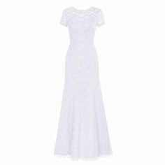 a white lace dress with short sleeves and an open back, on a white background