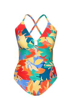 This vibrant and expressive print features a mix of organic shapes in a rich palette of orange, pink, blue, and aqua, resembling an abstract interpretation of a tropical garden. A lace-up detail with raffia rings at the center of the bust allow glimpses of skin to peek through, while allover shirring slims and smooths for a trim look. The double, adjustable straps crisscross in back. [split] Details One piece swimsuit Underwire support Removable cups Adjustable straps Shaping fit (shirred body a Vibrant Multicolor Floral Print Swimwear, Vibrant Multicolor Tropical Print Swimwear, Hairstyling Products, Rollerball Perfume, Makeup Bronzer, Face Mist, Makeup Gift, Beauty Sale, Fragrance Design