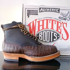 White's Boots Men's Custom Made Boots Smoke Jumper In Super Rare & Awesome Looking Two-Tone Black Leather / Brown Caiman, With 100 Years Of Handmade Quality & Proud To Be Handcrafted In The Usa :) Condition: Brand New With Tags & Original White's Boots Shoe Box (Absolutely100% Authentic & Absolutely As Is & Absolutely All Sales Final) Details: Brand: White's Boots Style: 350hc-700 Color: Black Leather / Brown Caiman Upper: Leather / Caiman Outsole: White's Half Comp-700 Shoelaces: Rawhide (Leath Western Style Brown Moto Boots With Vibram Sole, Brown Western Moto Boots With Vibram Sole, Brown Goodyear Welted Moc Toe Moto Boots, Custom Leather Boots With Snip Toe, Custom Leather Snip Toe Boots, Custom Snip Toe Leather Boots, Custom Black Leather Boots, White's Boots, Boots Shoe