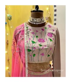 Lotus Hand painted grey blouse with ombré pink lehenga with gotta embellished mesh dupatta | made to measure mehendi/ sangeet lengha choli by LabelSnigdhaKapoor on Etsy Rakhi Outfits, Golden Blouse