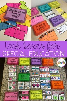 a collage of pictures with the words task boxes for special education written on them