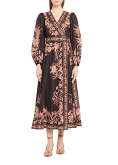 "Find ZIMMERMANN Waverly Wrap Midi Dress on Editorialist. Zimmermann \"Waverly\" floral wrap midi dress V neckline Long blouson sleeves; elastic cuffs Selftie waist closure Hem falls below the knee Aline silhouette Cotton Imported" Spring Evening Wrap Midi Dress, Summer Evening Wrap Dress With Floral Print, Floral Print Wrap Dress For Spring Evening, Spring Evening Wrap Dress With Floral Print, Floral Print Wrap Dress With Surplice Neckline For Fall, Cocktail Jacket, Wrap Midi Dress, Elements Of Style, Blazer With Jeans