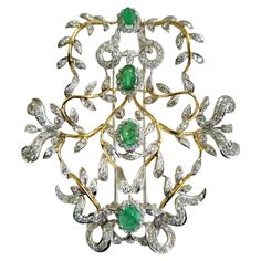 Vintage 18k yellow and white gold large brooch with an estimate brilliant diamond weight of 4 carats and more with natural green emeralds estimate weight 3 carats in oval cut with total gold weight of 25 grams hall marked on pin Gold Brooch, Gold Brooches, 3 Carat, Gorgeous Jewelry, Dream Jewelry, Brilliant Diamond, Oval Cut, Emerald Green, Jewelry Collection