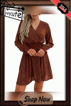 V-neck Printed Casual Women's Dress Brown V-neck Midi Dress, Brown V-neck Dress For Spring, Fall V-neck Dress With Surplice Neckline, Fall Mini Dress With Surplice Neckline, Brown V-neck Spring Dress, Spring Brown V-neck Dress, Casual Brown V-neck Mini Dress, Casual Brown V-neck Dress, Brown Fitted Dress With Surplice Neckline