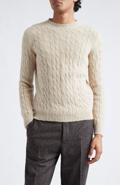 Cashmere-enriched wool yarns offer luxe warmth and exceptional comfort in this cable-knit sweater marked by the Italian label's timeless appeal. 26" length (size Medium) Crewneck Long sleeves Ribbed cuffs and hem 90% wool, 10% cashmere Dry clean or hand wash, dry flat Made in Italy Designer Clothing Fitted Beige Cable Knit Sweater, Elegant Merino Wool Cable Knit Sweater, Elegant Cable Knit Winter Sweater, Fitted Luxury Cream Sweater, Luxury Fitted Cream Sweater, Luxury Wool Fitted Sweater, Elegant Cashmere Cable Knit Sweater, Luxury Beige Wool Sweater, Elegant Cable Knit Turtleneck Sweater