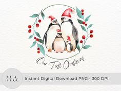 two penguins wearing santa hats and holly wreaths with the words cu fest christmas on it