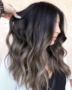 Dark And Ash Balayage, Brassy Balayage Color Correction, Black And Ash Balayage, Popular Hair Colors For 2023 Dark, Brunette Ash Balayage Hair, Black Ash Balayage, Ashy Ombre Hair, Mushroom Brown Balayage On Black Hair, Ash Brown Balayage Dark