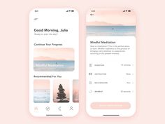 two iphones with the app on them, one is showing meditation and the other has an instagram