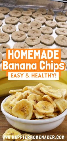 homemade banana chips in a bowl on a wooden table with bananas and other ingredients behind it