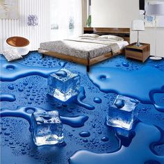 an image of ice cubes and water on the floor in a bedroom with white walls