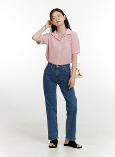 Product Detail Style : Casual Occasion : Back to school Print : Washed Material : Cotton, Denim Fit : Straight fit Cotton 100 Color : Dark blue, Light blue Made in Korea Model Size Model is wearing size S and the color Dark blue. Height : 5'5" | 165cm / Top : S / Bottom : S (26 inch) .prddescription table, .prddescription td, .prddescription th { border : 1px solid black; border-collapse : collapse; padding: 10px; } Size(Inch) Size Waist Hip Thigh Rise Hem Total Length S 25.2" 33.5" 20.1" 9.4" 8 Low Rise Jeans Bootcut, School Season, Beige Top, Prom Outfits, Boatneck Sweater, Straight Leg Denim, Fashion Korean, Plus Size Jeans, Korean Street Fashion