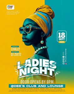 the ladies'night flyer with an african woman wearing sunglasses and a turban