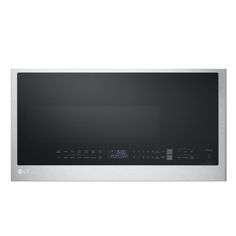 a stainless steel microwave oven with the door open and its electronic controls on it's side