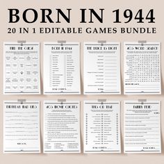 the printable game bundle for born in 1934 is shown on top of a beige background