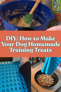 dog treats are being made in blue bowls and on top of a stove with the words diy how to make your dog homemade training treats