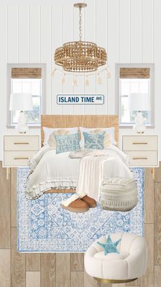 an image of a bedroom with blue and white decor on the walls, bedding and pillows