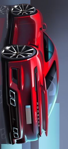 an artistic rendering of a red car with black wheels and rims on it's tires